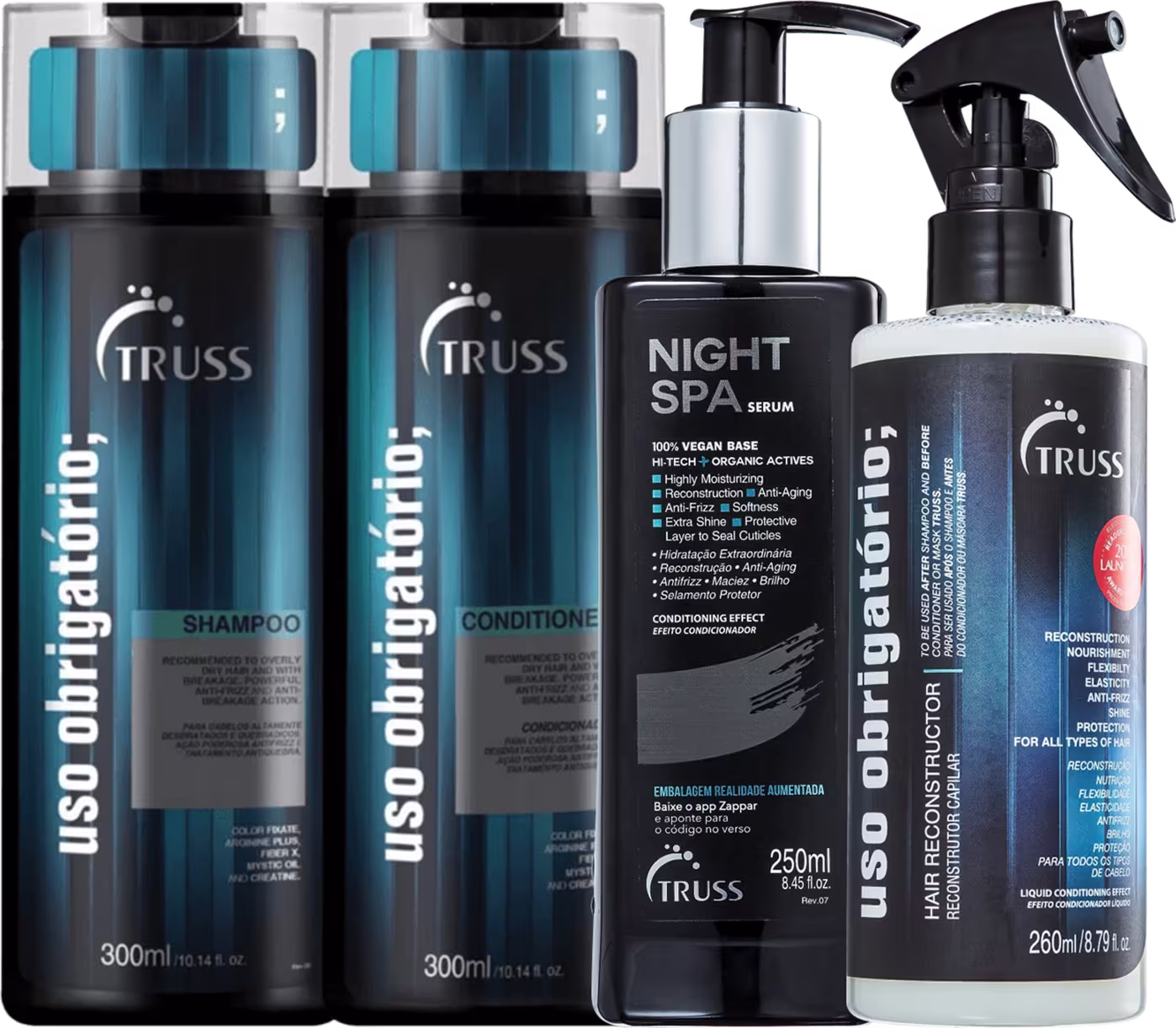 A imagem mostra uma variedade de produtos de cuidados capilares da marca Truss, sendo eles:
1- Shampoo "Uso Obrigatório"
2- Condicionador "Uso Obrigatório"
3- Reconstrutor Capilar "Uso Obrigatório"
4- Tratamento Capilar Noturno, "Night Spa"