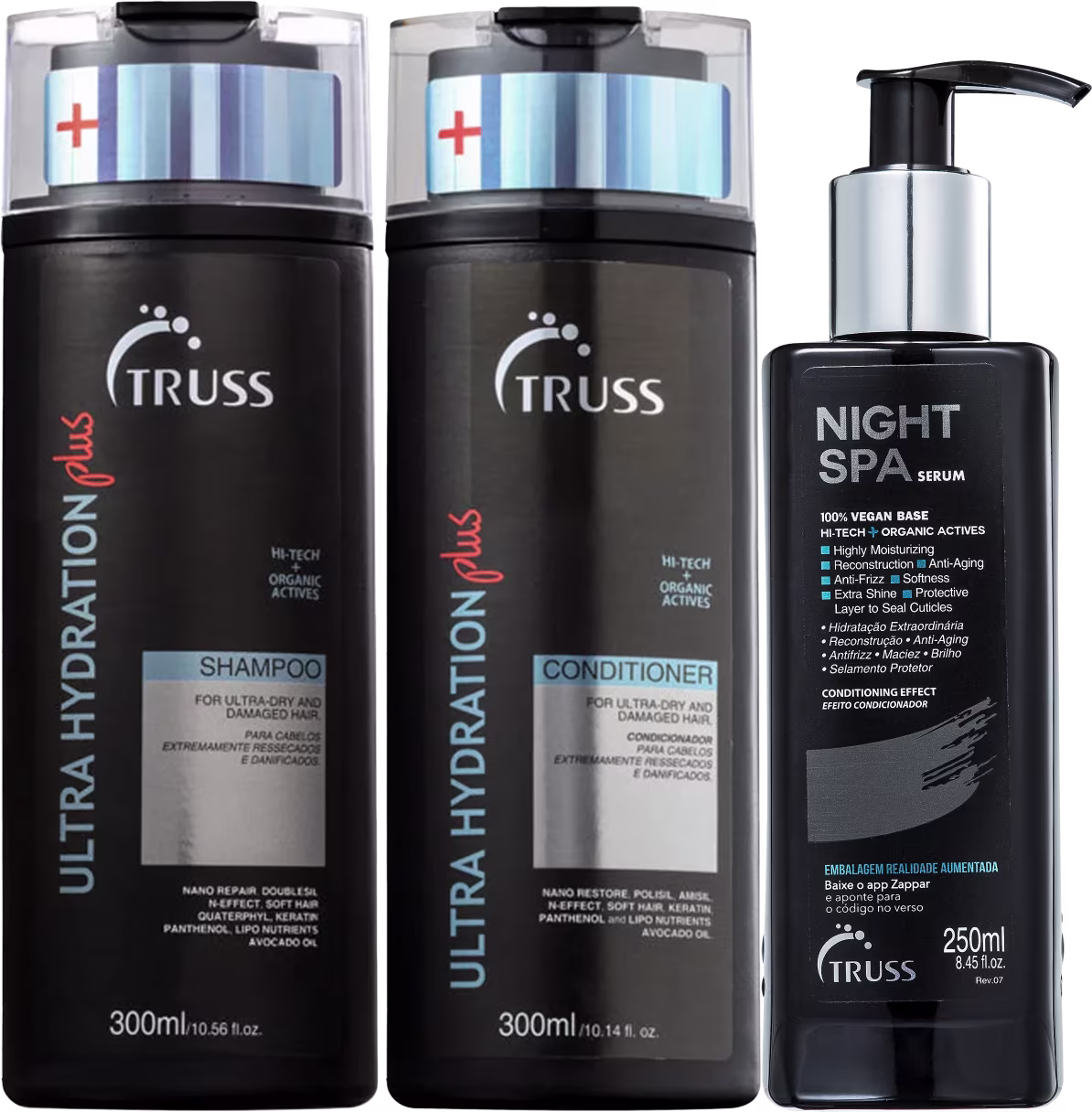 A imagem mostra três produtos da marca Truss. Os dois primeiros são um shampoo e um condicionador da linha Ultra Hydration Plus. O terceiro é um sérum noturno chamado Night Spa.