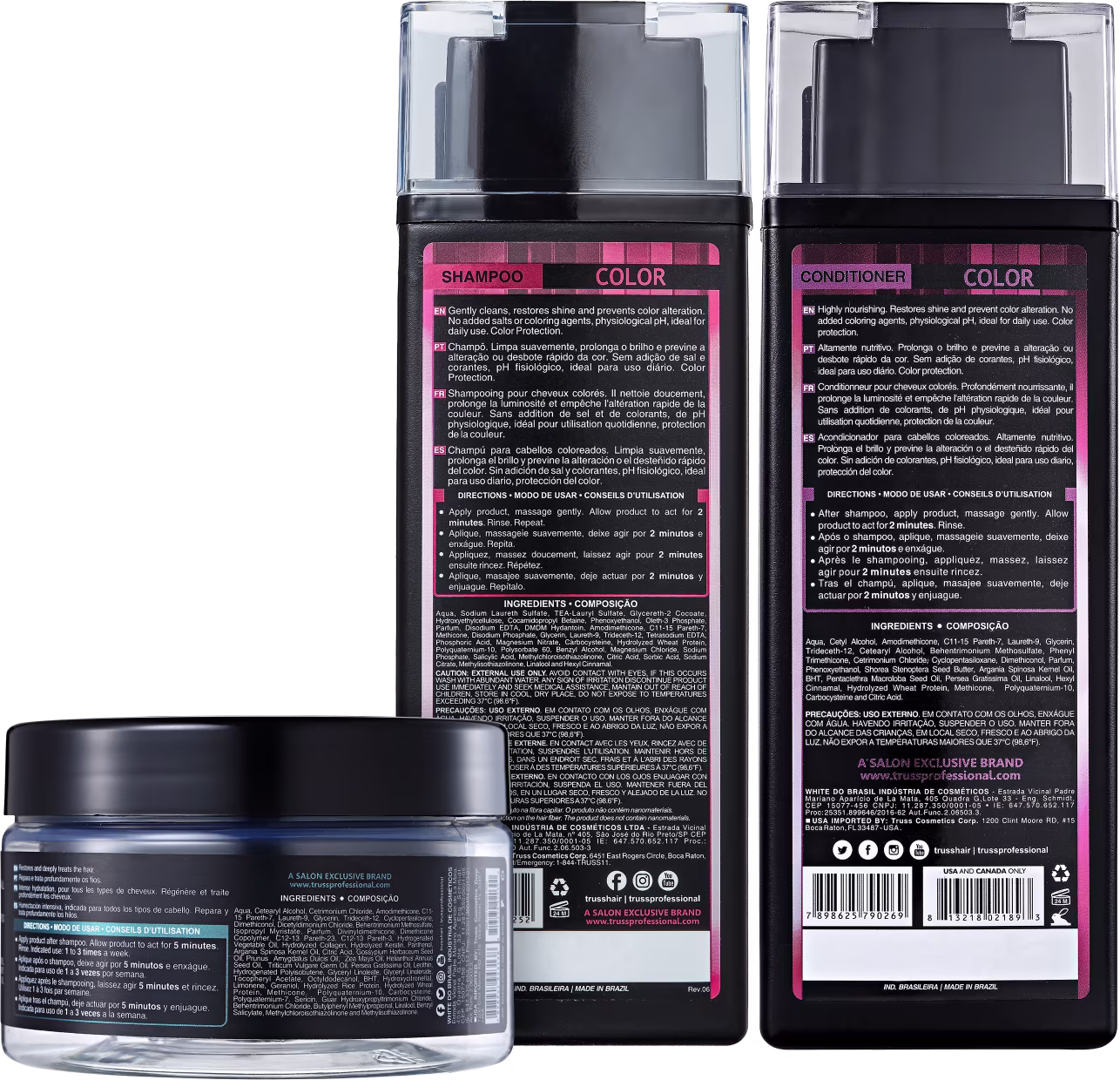 A imagem mostra dois produtos de cuidados capilares para cabelos coloridos, da linha Color de Truss. Um é um shampoo e o outro é um condicionador. Além disso, há a máscara capilar "Specific". As embalagens trazem informações sobre instruções de uso.