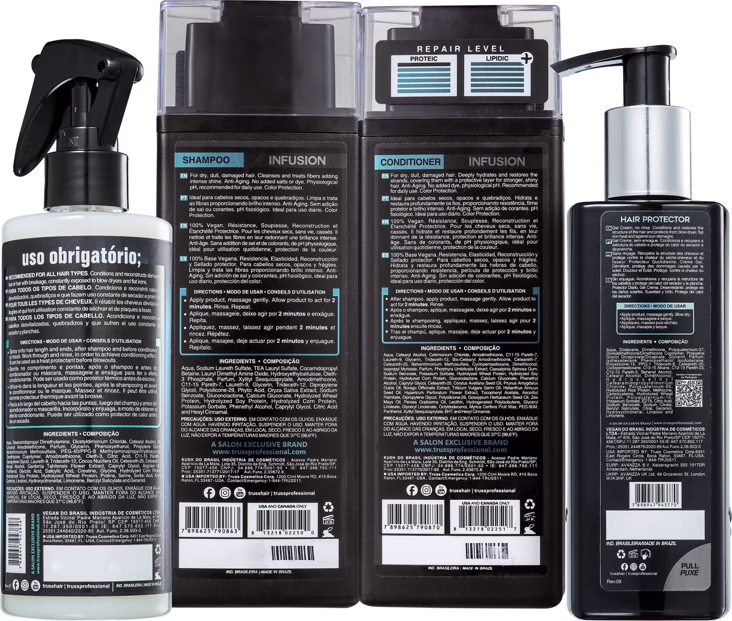 A imagem mostra uma linha de produtos para tratamento capilar profissional. Os produtos têm rótulos em preto e detalhes em azul claro. As embalagens exibem informações sobre os ingredientes, modo de usar e benefícios de cada um.