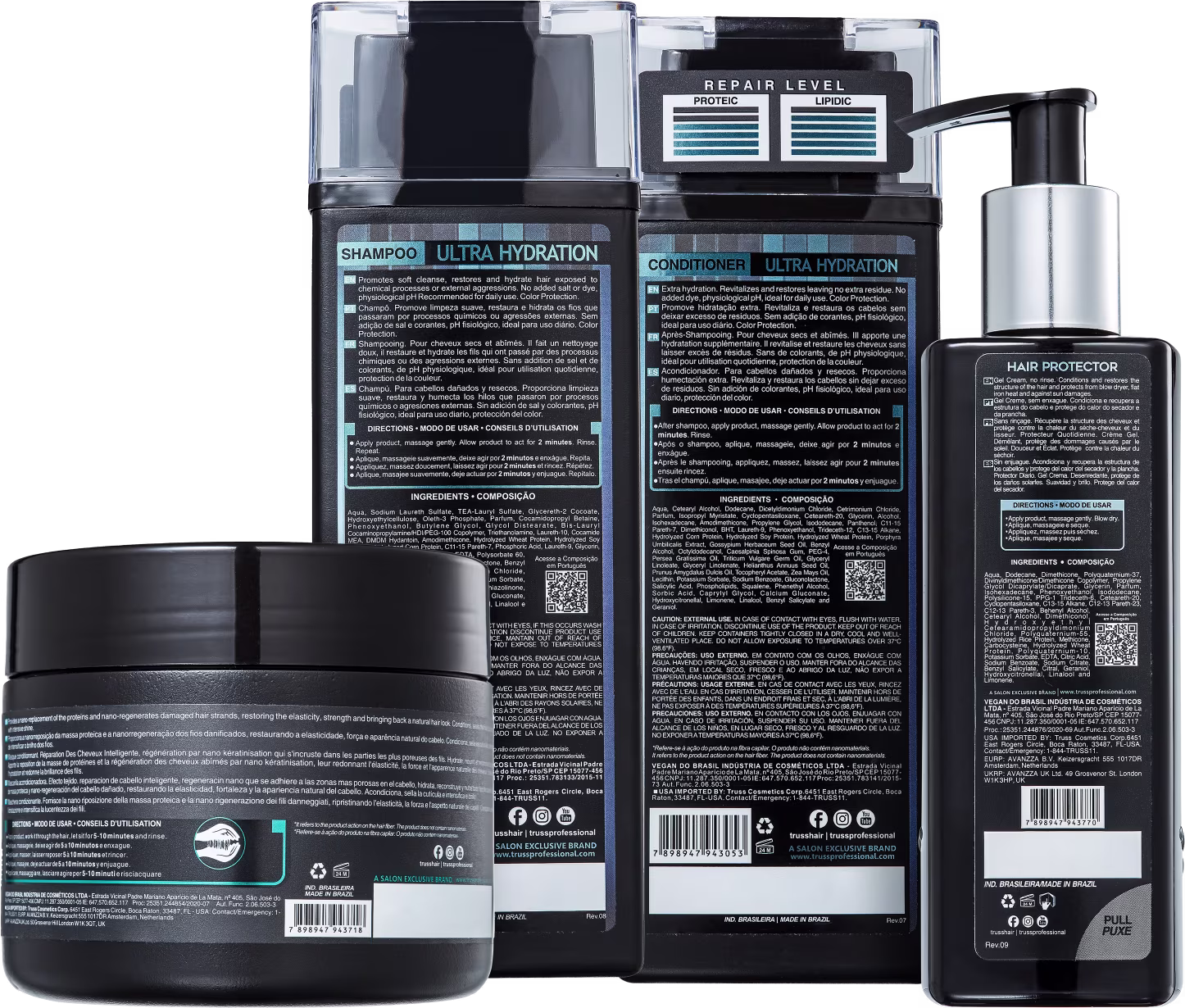 A imagem mostra produtos da marca Truss: uma máscara Net Mask, shampoo e condicionador "Ultra Hydration", além de um leave-in, Hair Protector.

Os produtos possuem embalagens com rótulos descrevendo as propriedades, ingredientes e instruções de uso.