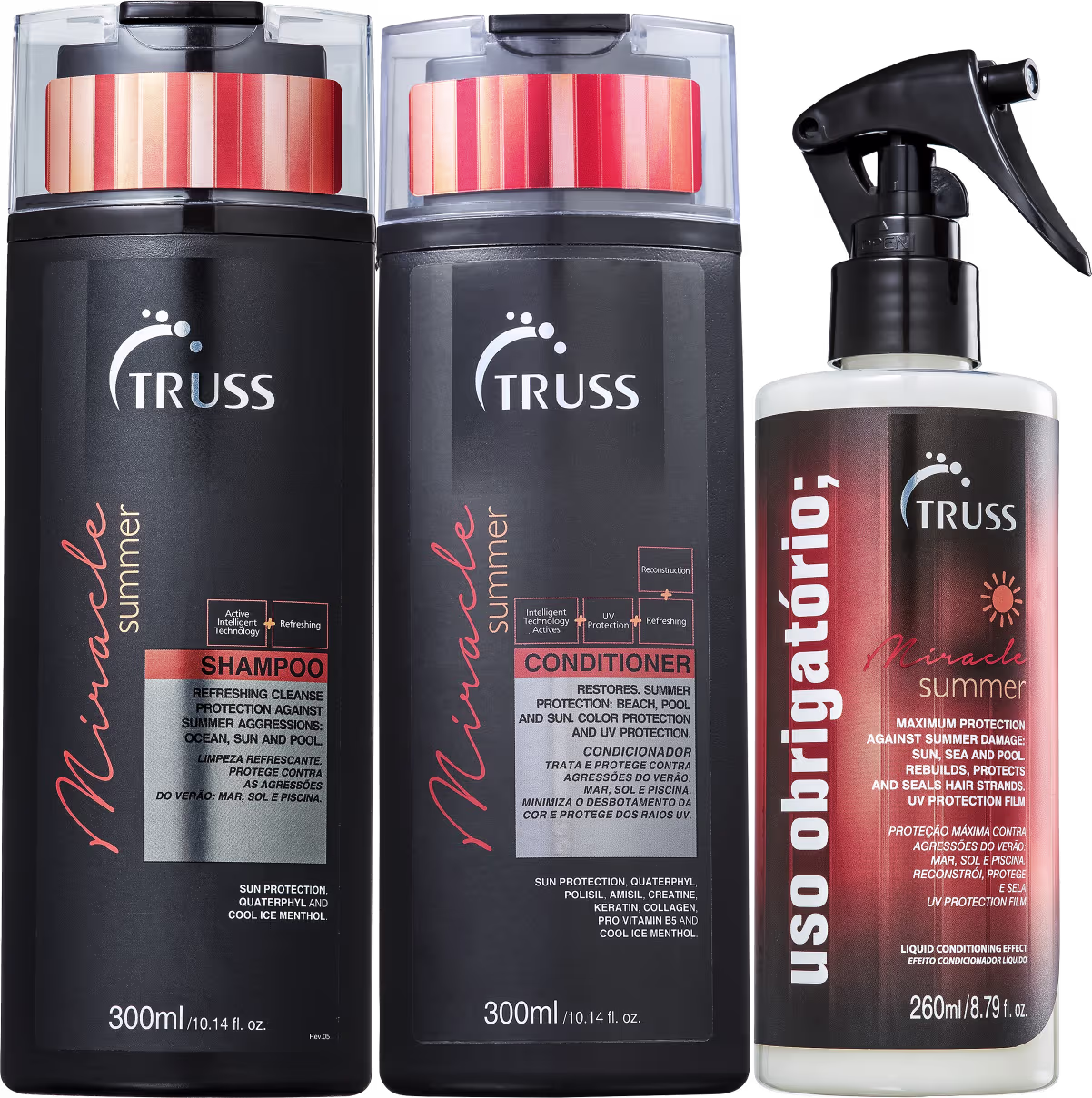 A imagem mostra três produtos da marca Truss para cuidados com os cabelos durante o verão. São um shampoo, um condicionador e um reconstrutor capilar, "Uso Obrigatório". Todos com foco em proteção contra danos causados pelo sol, água do mar e piscina.