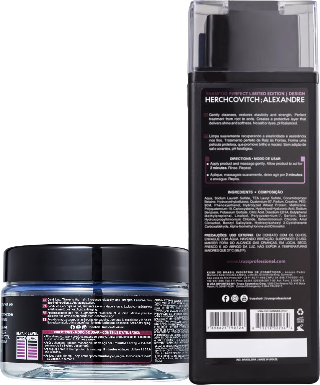 A imagem mostra dois produtos de cuidados capilares da marca Truss. Ambos possuem rótulos pretos e detalhes em branco. As embalagens trazem informações completas sobre composição, instruções de uso e advertências.