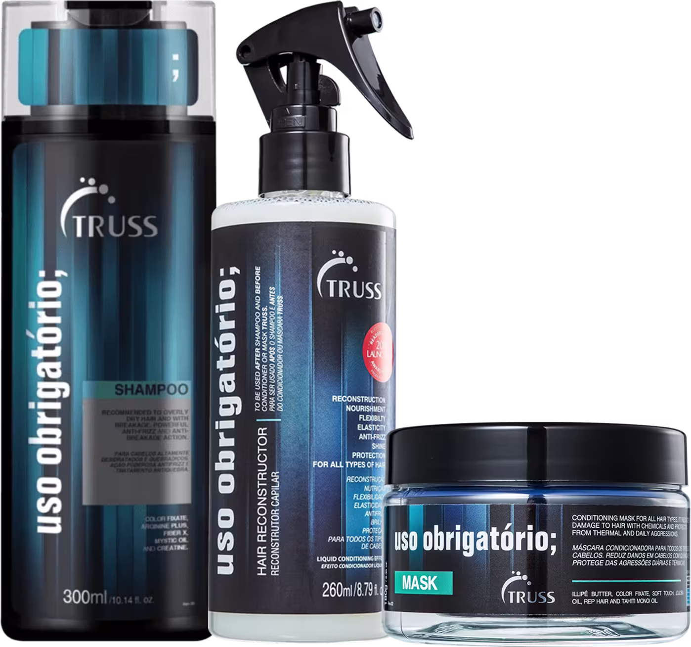 Shampoo, tratamento reconstrutor e máscara capilar da linha Uso Obrigatório, da marca Truss. São embalagens com tons de preto, azul escuro e branco.