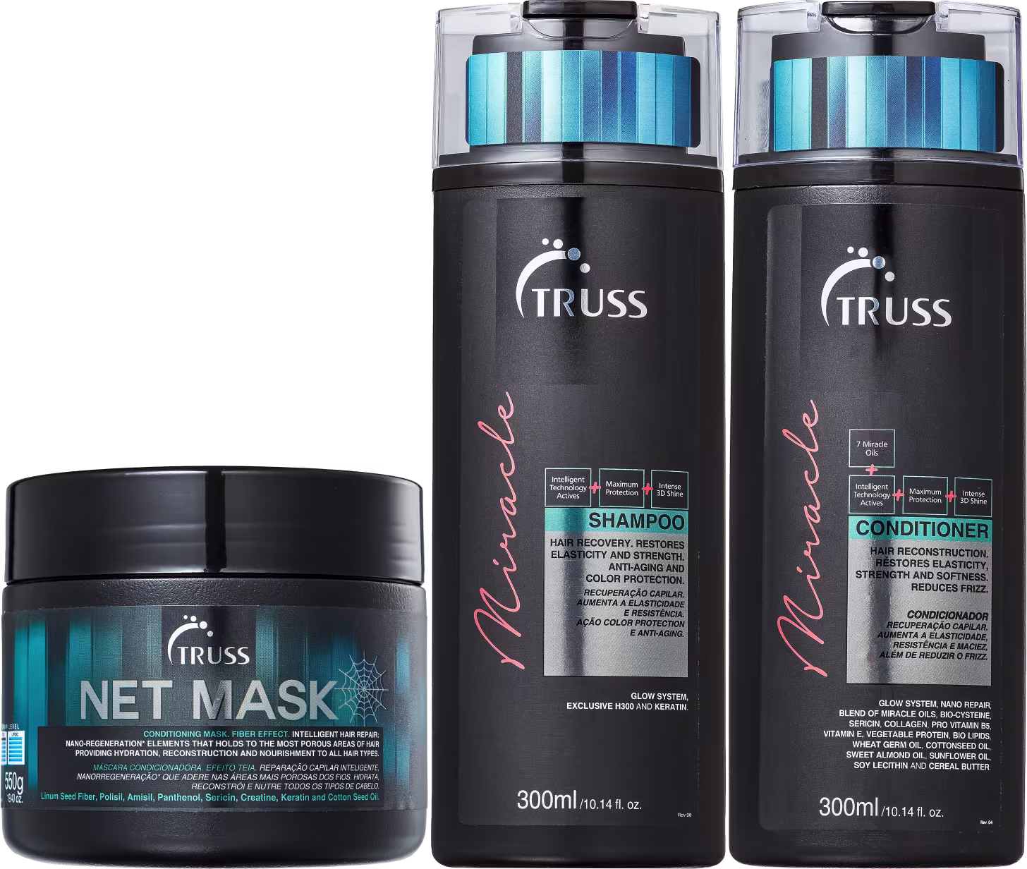A imagem mostra uma linha de produtos da marca Truss. São eles:
1. Shampoo Miracle
2. Condicionador Miracle
3. Máscara Capilar Net Mask