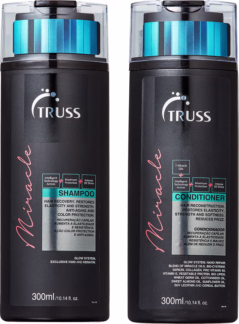 A imagem mostra dois produtos de cuidados capilares da marca Truss: um shampoo e um condicionador da linha Miracle. Ambos os frascos têm 300ml de capacidade e possuem uma tecnologia exclusiva chamada "Glow System".
