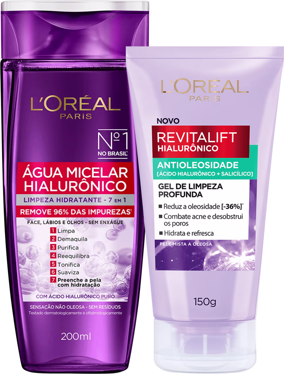 A imagem mostra dois produtos da L'Oréal Paris: uma água micelar hialurônica 7 em 1, que limpa e hidrata sem enxágue, e um gel de limpeza Revitalift Hialurônico Antioleosidade, que reduz oleosidade, combate acne e hidrata a pele mista a oleosa.