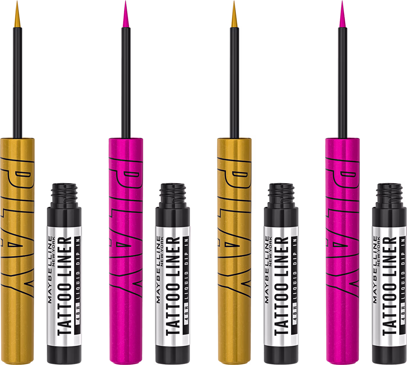A imagem mostra quatro embalagens de delineadores líquidos da Maybelline. São dois frascos de uma cor amarelada, chamada "Drop", e dois frascos de uma cor rosada, chamada "Punch".