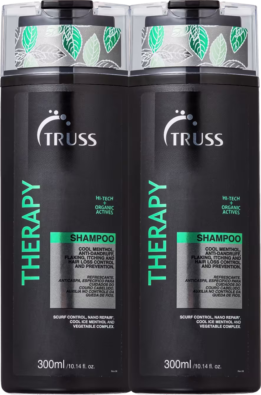 A imagem mostra dois frascos de shampoo da linha Therapy da Truss. Os frascos são pretos com detalhes em verde e branco, e têm folhas estampadas na parte superior transparente.