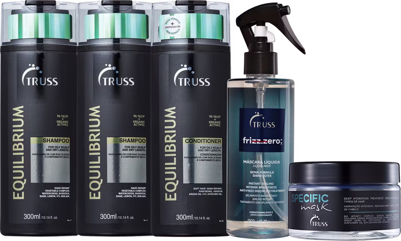 A imagem mostra produtos da Truss: São dois shampoos e um condicionador Equilibrium, um tratamento "Frizz Zero" e a máscara "Specific Mask".