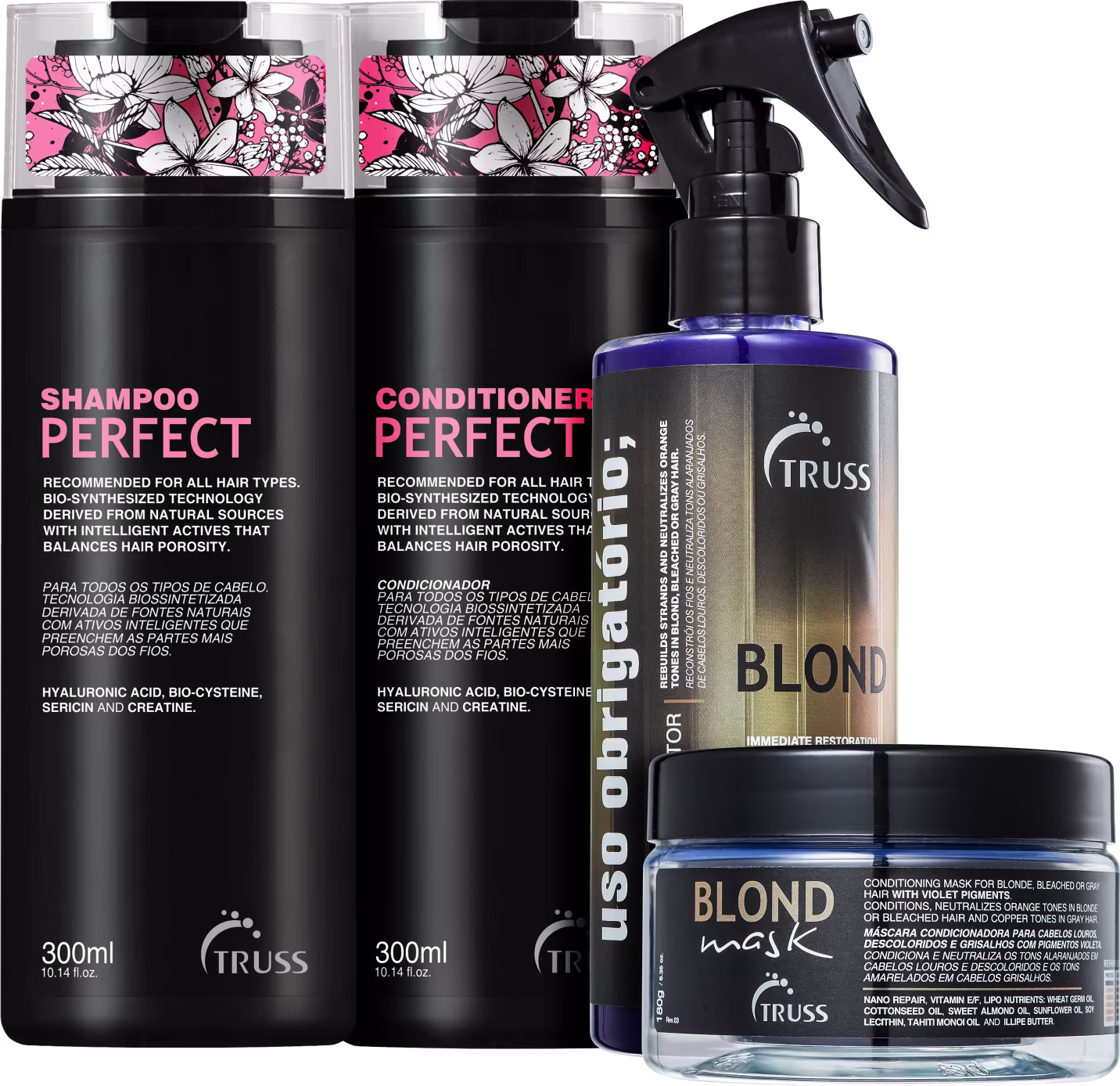 A imagem mostra 4 produtos TRUSS lado a lado. Temos o shampoo e condicionador Perfect, com embalagem preta e letas em rosa e branco; a a Blond Mask e o Uso Obrigatório Blond em uma embalagem com detalhes em preto, azul e dourado com letras brancas.