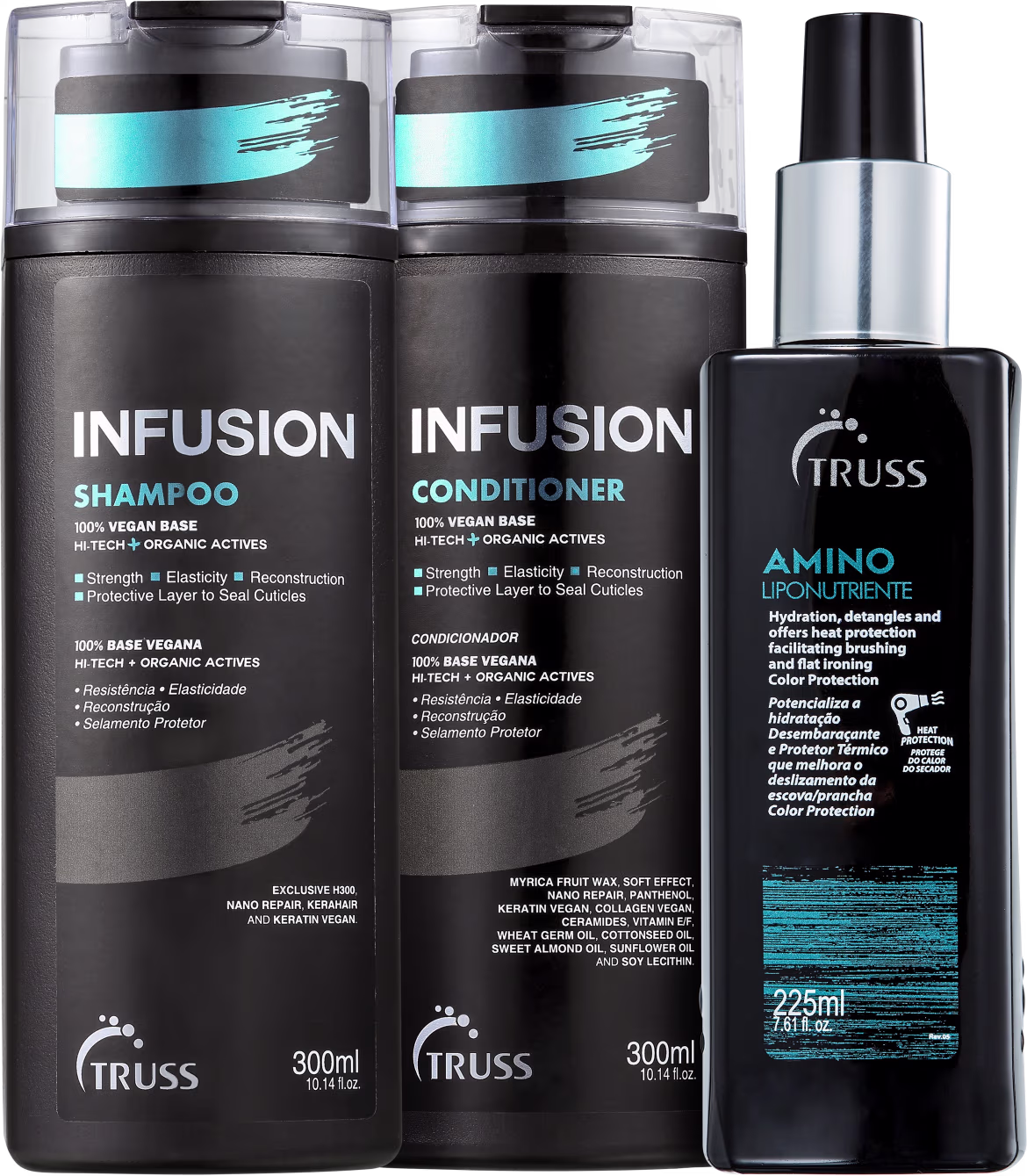 A imagem mostra o shampoo e o condicionador Infusion ao lado do protetor térmico Amino. Todos possuem embalagem preta com letras brancas no rótulo e detalhes azuis.