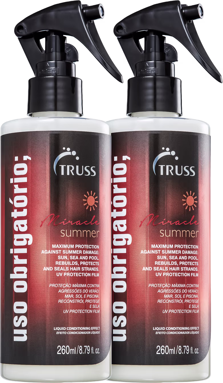 A imagem mostra dois frascos sprays com gatilhos acionadores. Os frascos são transparentes e trazem o rótulo na maior parte do frasco com detalhes em vermelho e branco remetendo ao calor e ao Verão.