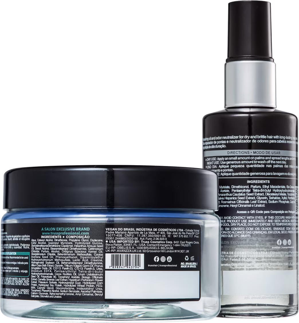 A imagem traz o verso dos dois produtos e os rótulos que detalham melhor as informações das fórmulas como o modo de uso, ingredientes e precauções.