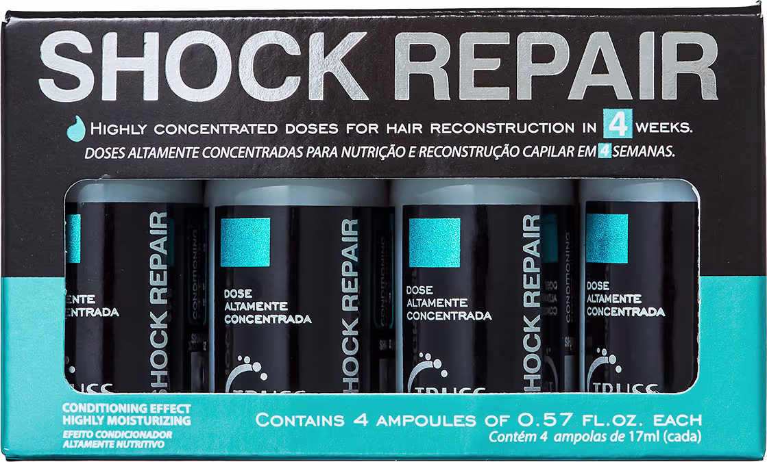 A imagem mostra o kit de ampolas capilares. O design da embalagem é predominantemente preto, com detalhes em azul turquesa, exibindo o nome "Shock Repair" em letras grandes e brancas.