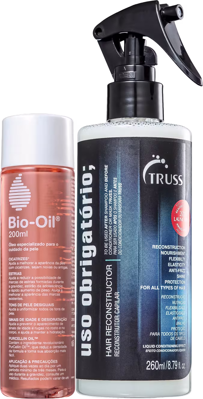 A imagem mostra dois produtos de cuidados com a pele e o cabelo. Um é um óleo em uma embalagem plástica transparente, com líquido na cor laranja. O outro é um spray reconstrutivo em uma embalagem plástica transparente e adesivo em azul.