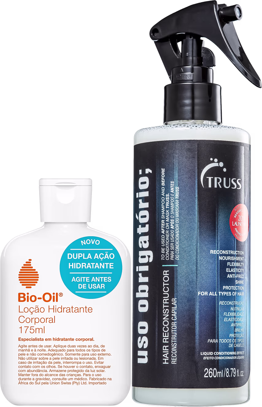 A imagem mostra dois produtos de cuidados com a pele e o cabelo. Um é uma loção em uma embalagem plástica branca, e escritos na cor laranja. O outro é um spray reconstrutivo em uma embalagem plástica transparente e adesivo em azul.