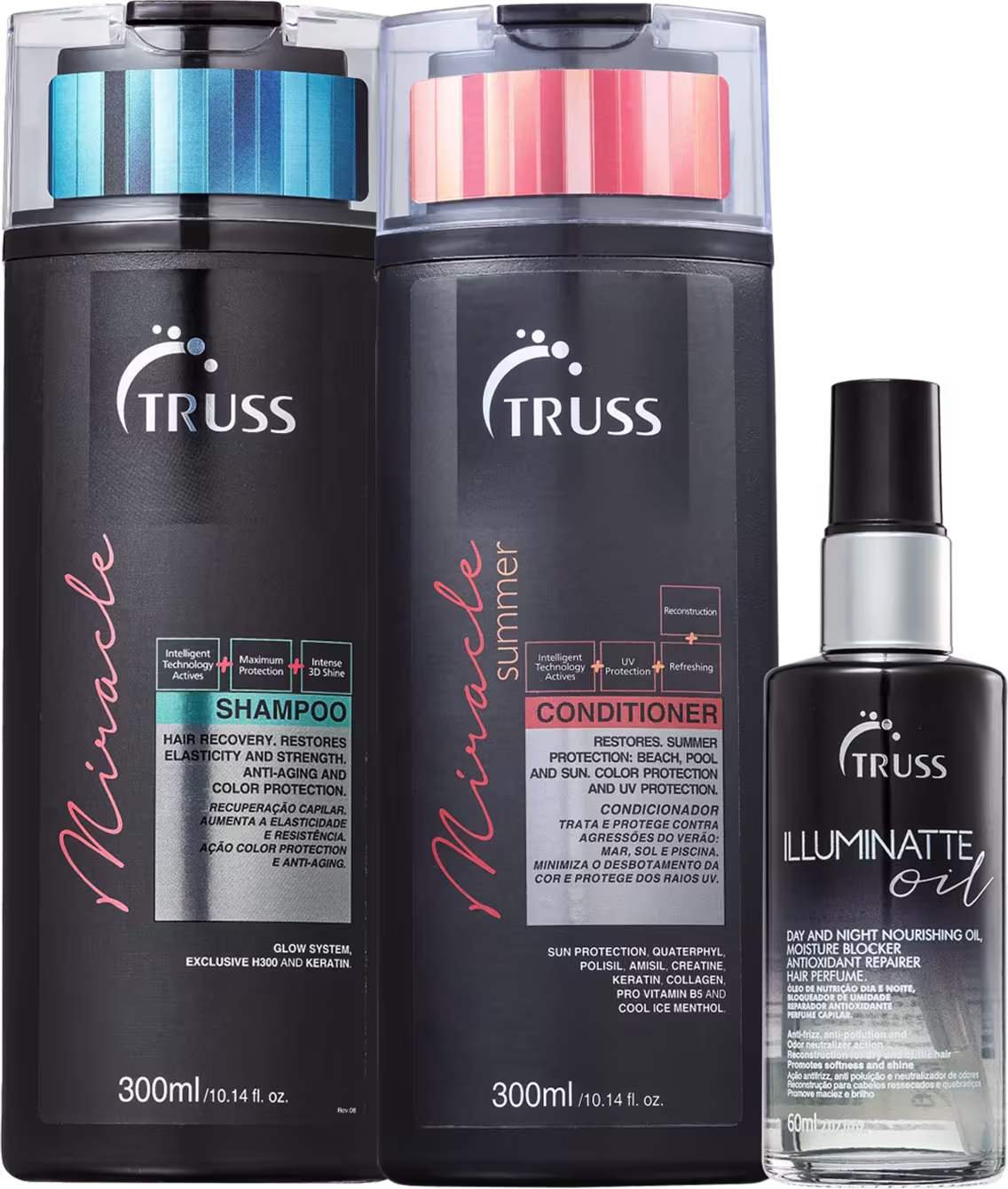 A imagem traz 3 produtos: shampoo 300ml em embalagem preta com detalhes azul e laranja; condicionador 300ml em embalagem preta com detalhes laranja e óleo capilar 60ml, com embalagem spray base transparente e parte superior preta.