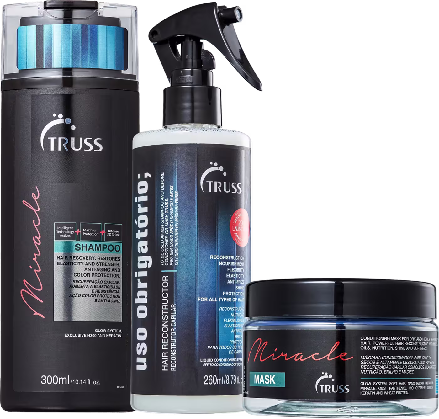 Produtos capilares TRUSS. Shampoo de 300ml com rótulo "Miracle". Spray leave-in de 260ml, "Uso Obrigatório" para reconstrução. Máscara preta de tratamento intensivo  "Miracle", para cabelos secos e danificados.