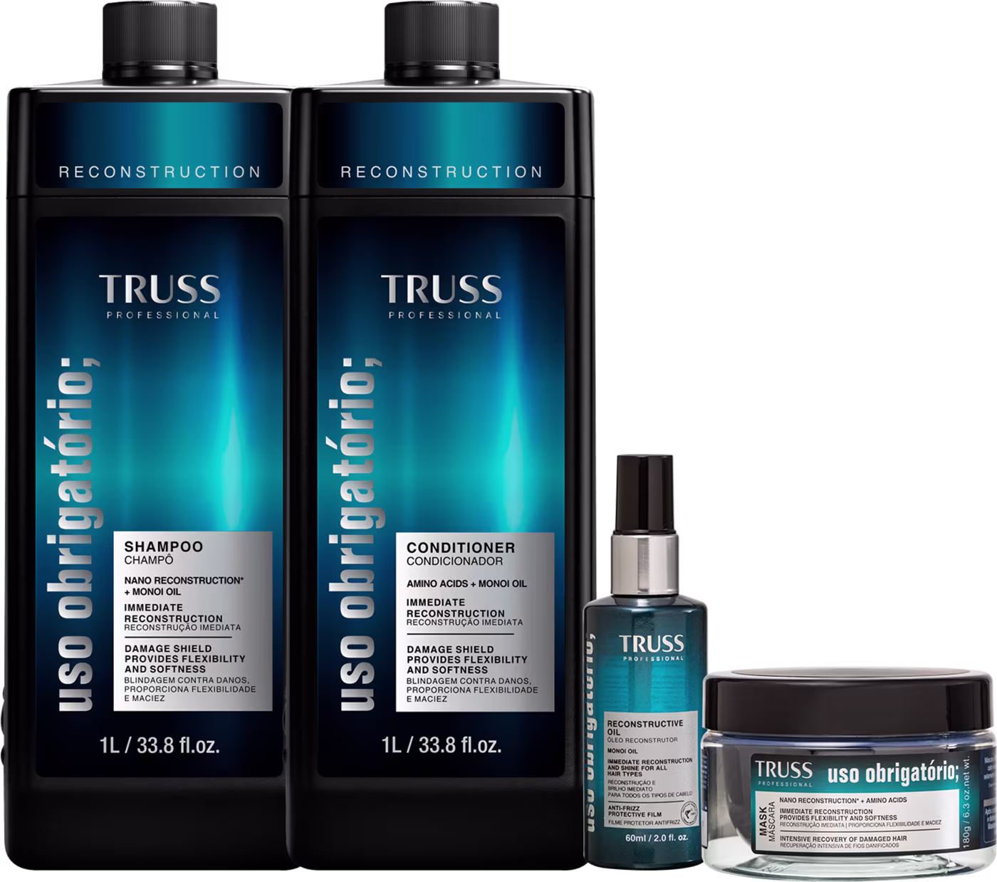 A imagem mostra 4 produtos da linha Uso Obrigatório: shampoo e condicionador de 1L, máscara de 180g e óleo de 60ml. Todos possuem embalagem preta com detalhes em azul escuro no rótulo.