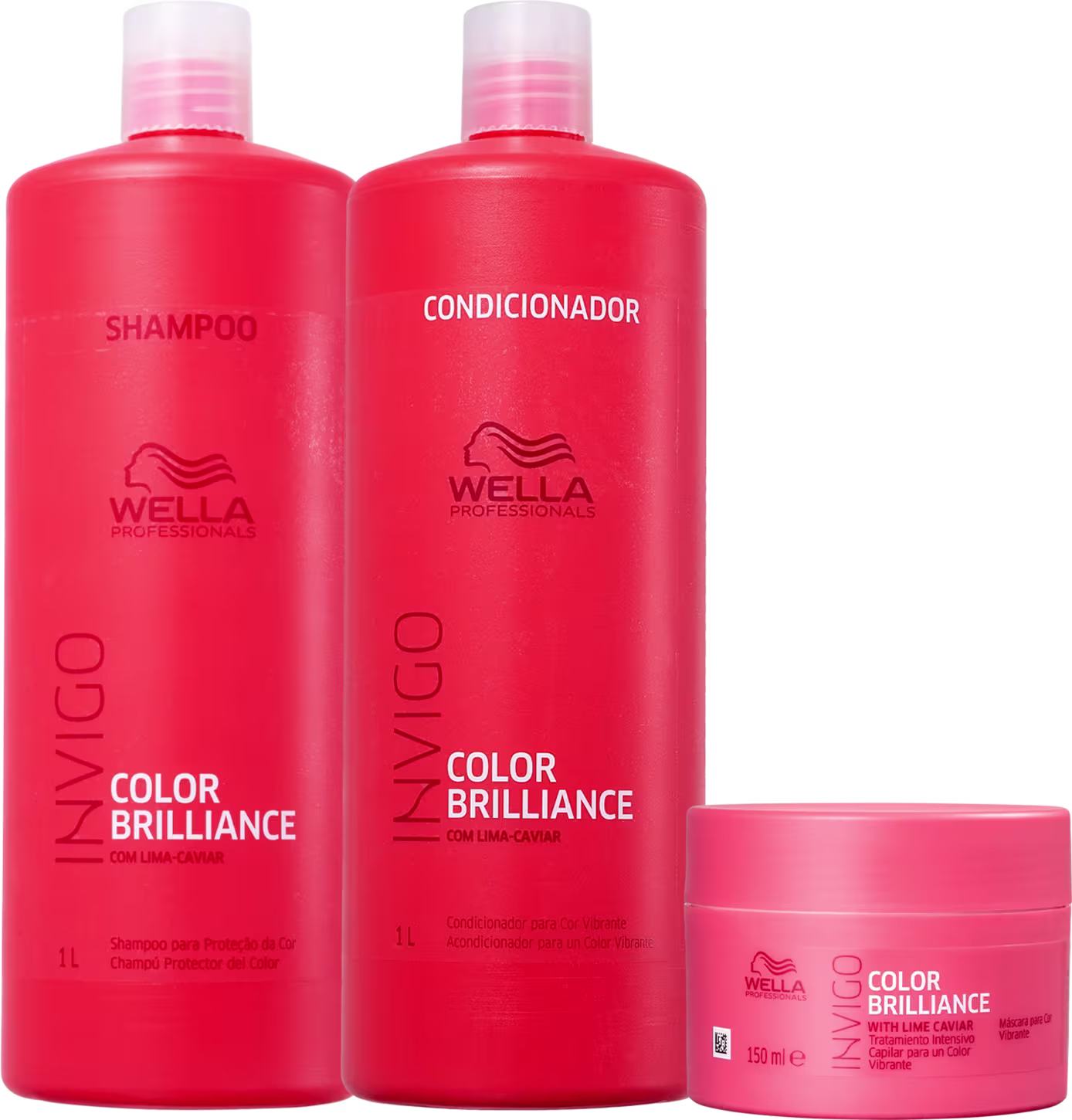 São três produtos de cuidados capilares da linha Color Brilliance da marca Wella Professionals. Dois frascos grandes de 1 litro, um de shampoo e outro de condicionador, ambos na cor vermelha. Há também um pote menor de 150ml, de máscara capilar.