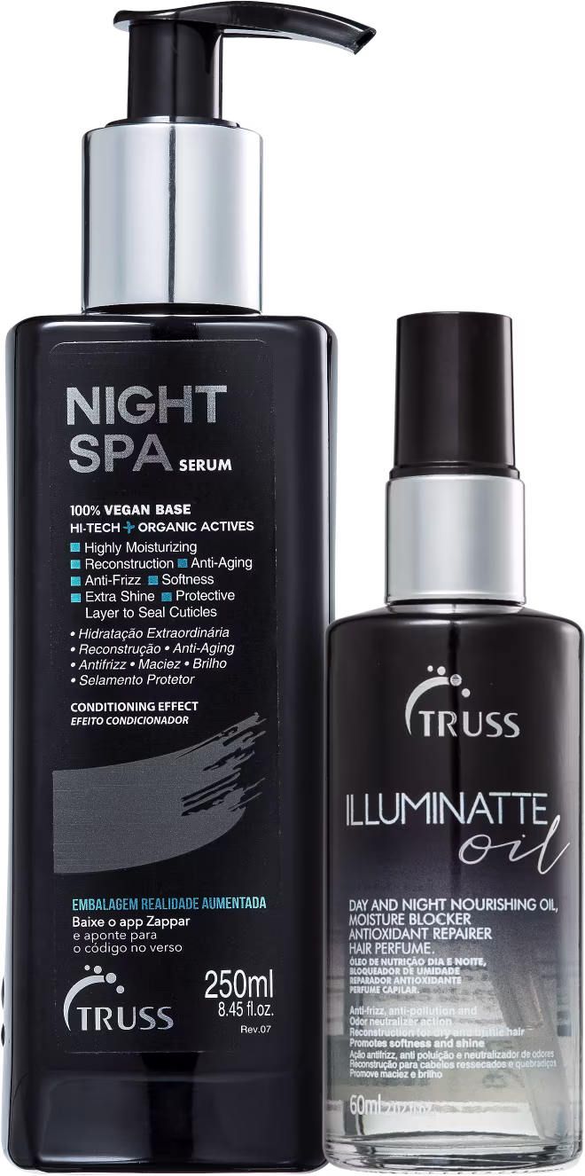 O produto é um sérum noturno chamado "Night Spa" da marca TRUSS. Vem em uma embalagem plástica preta com detalhes em prata. Também há um óleo nutritivo chamado "Illuminatte Oil" da mesma marca, embalado em um frasco de vidro transparente com tampa preta.