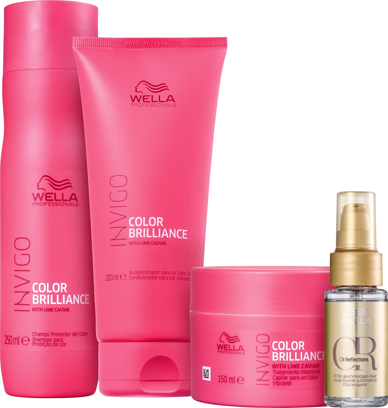 Produtos de cuidado capilar da linha Color Brilliance da Wella Professionals. Inclui um shampoo, um condicionador, uma máscara e um óleo capilar Oil Reflections, em frasco dourado de 30ml.