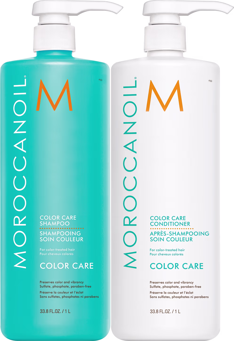 A imagem mostra o Shampoo e Condicionador Moroccanoil Color Care 1L. Dois frascos plásticos com bombas dosadoras brancas. O shampoo é um frasco azul turquesa com o logotipo laranja "M". O condicionador é um frasco branco com o mesmo logotipo laranja "M".