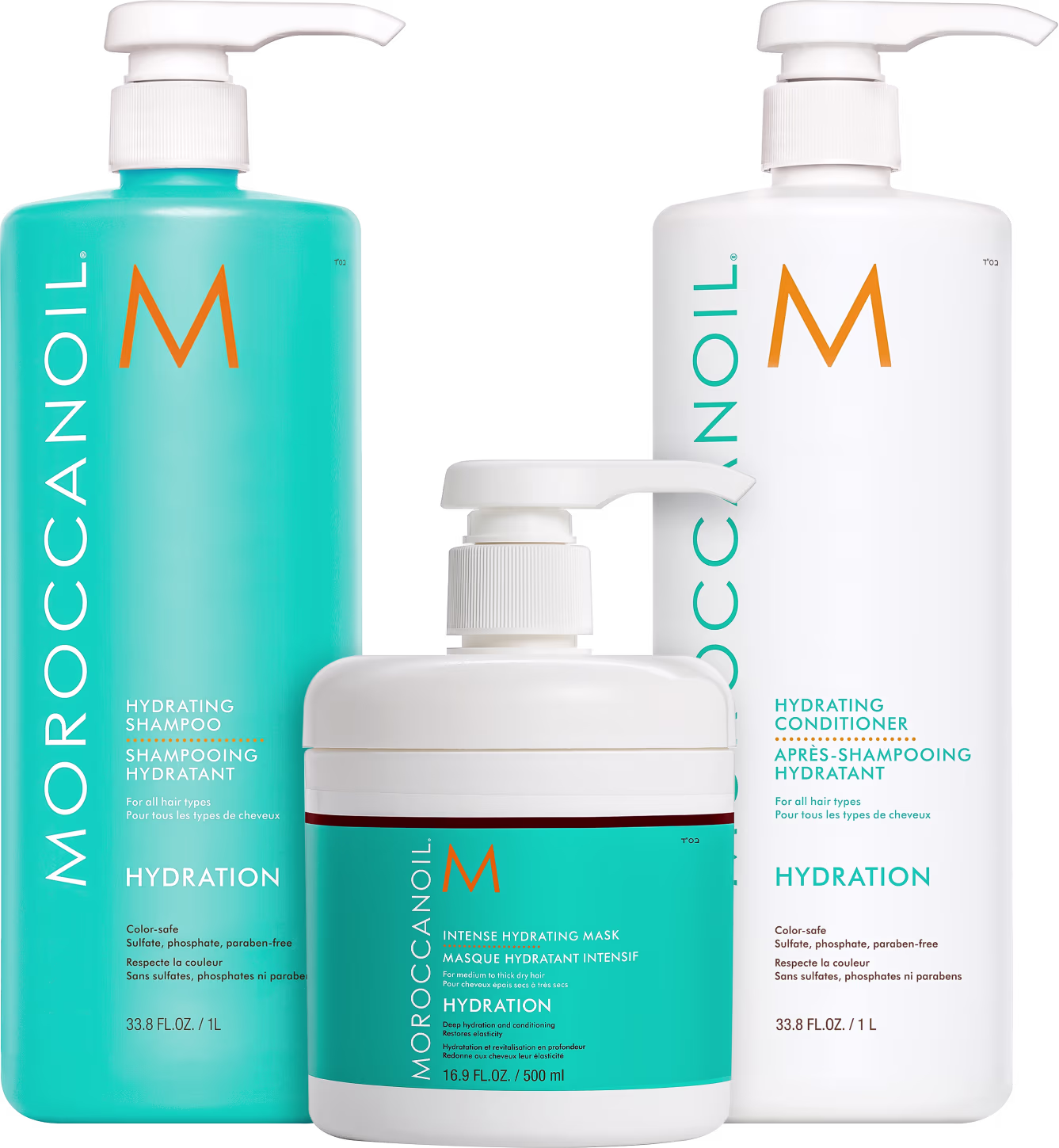 A imagem mostra três produtos da marca Moroccanoil para hidratação. Shampoo em frasco plástico azul turquesa de 1 litro. Condicionador em frasco plástico branco de 1 litro. Máscara hidratante intensiva em pote plástico azul turquesa de 500 ml.