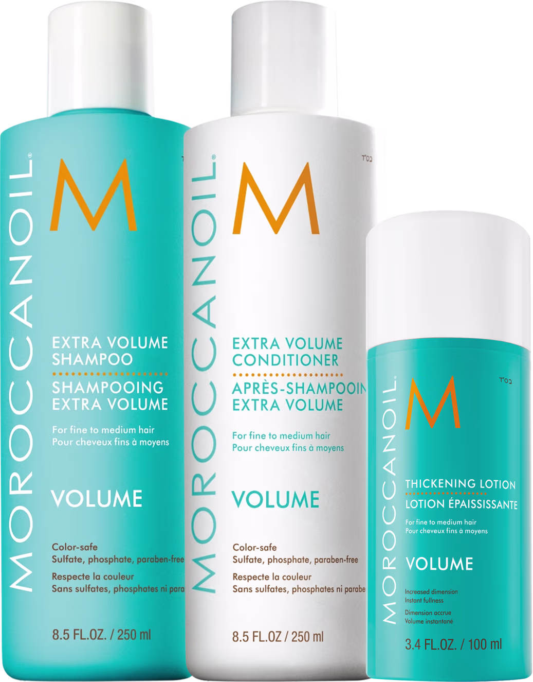Produtos da linha Moroccanoil Volume. Shampoo, condicionador e loção espessante em frascos plásticos cilíndricos. Os frascos do shampoo e condicionador são de 250ml e a loção espessante é de 100ml. As cores predominantes são turquesa, branco e laranja.
