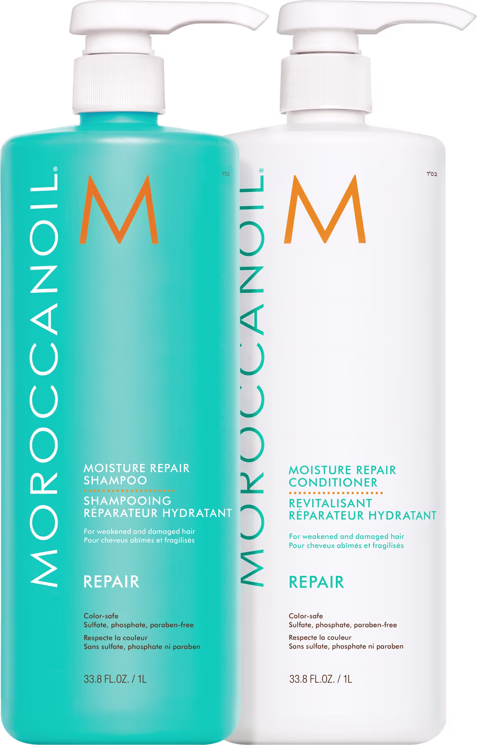 A imagem mostra Kit Moroccanoil Repair com Shampoo e Condicionador (1 litro cada). As embalagens, em tons de azul turquesa e branco com detalhes em branco e logotipo M em laranja.