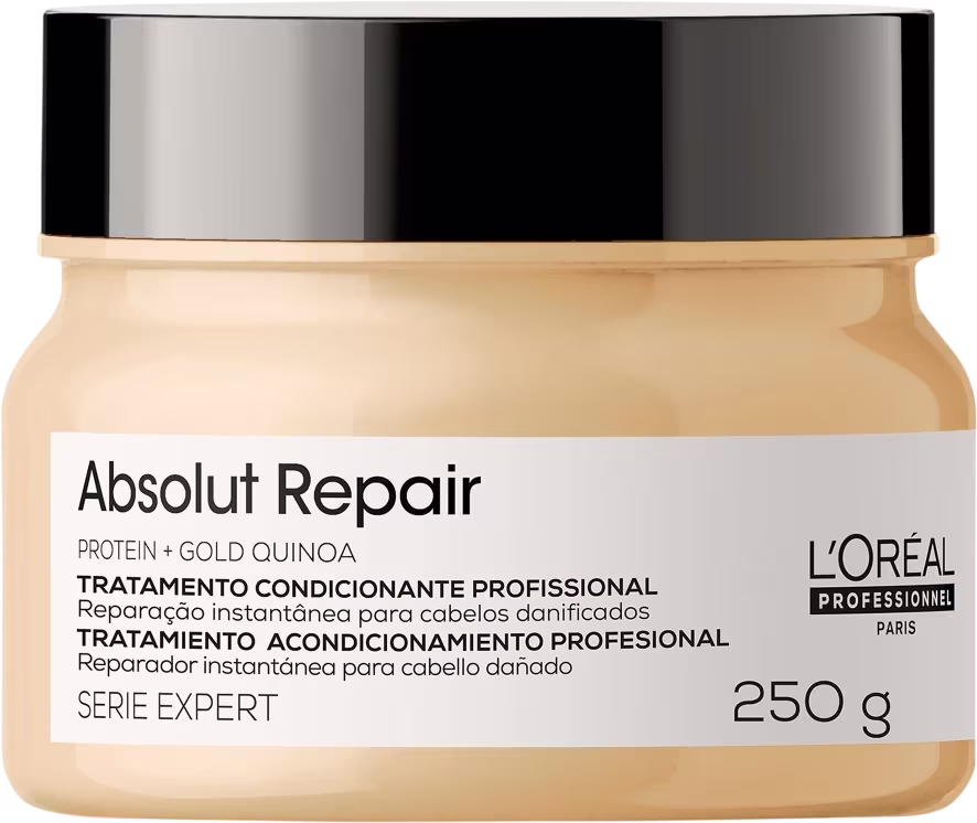 É um tratamento capilar condicionante profissional da linha Serie Expert da L'Oréal Professionnel. O produto vem em um pote plástico bege com tampa preta.