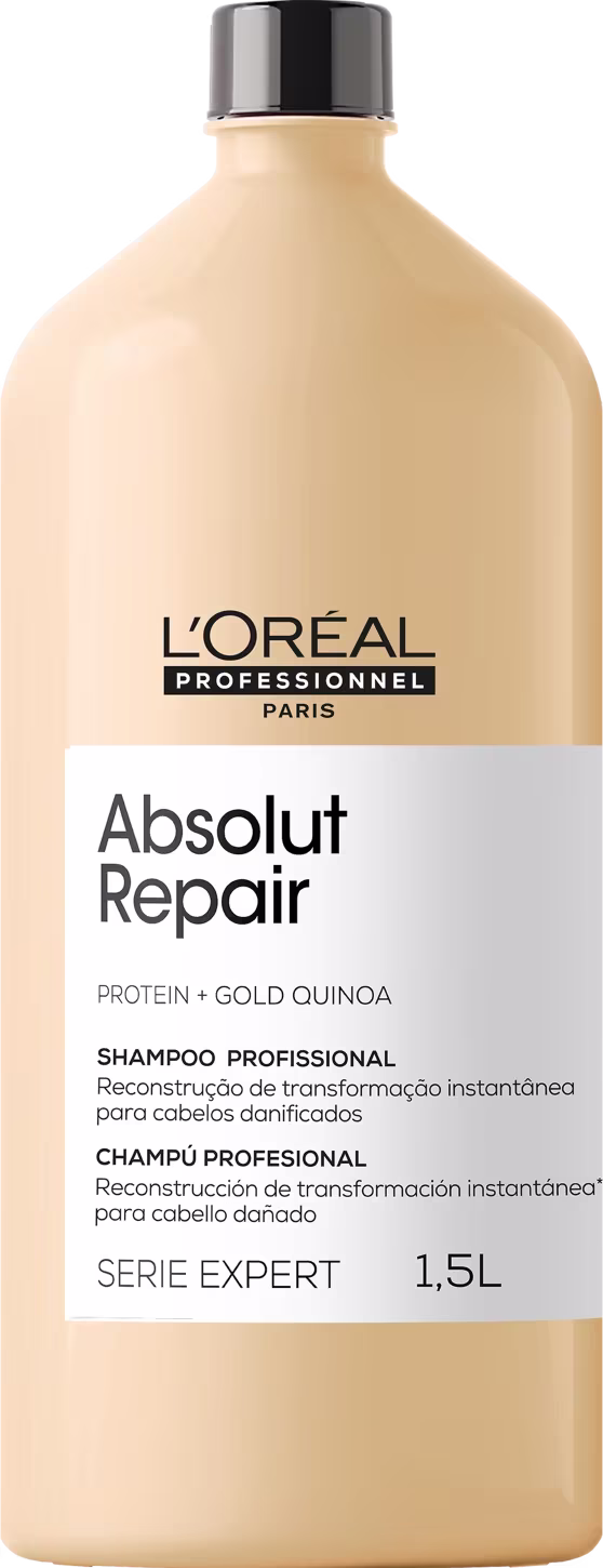 Produto de cuidado capilar da linha L'Oréal Professionnel Serie Expert. Frasco plástico opaco na cor bege, com tampa preta.