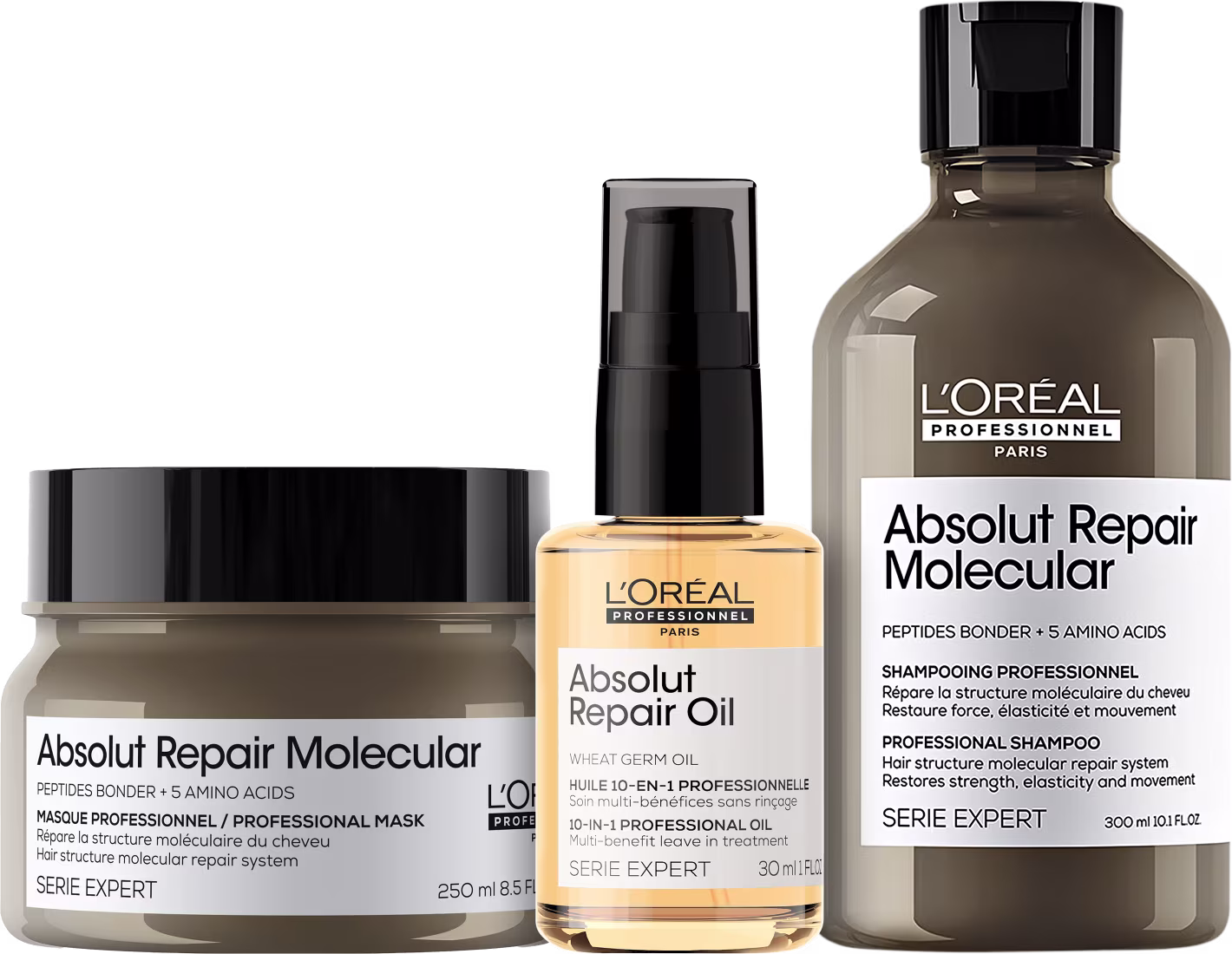 A imagem mostra três produtos da L'Oréal Professionnel. O primeiro é a máscara Absolut Repiar Molecular de 250ml, com embalagem marrom. O segundo é o óleo Absolut Repair Oil 30ml. O terceiro é Shampoo Absolut Repair Molecular 300ml, com frasco marrom.