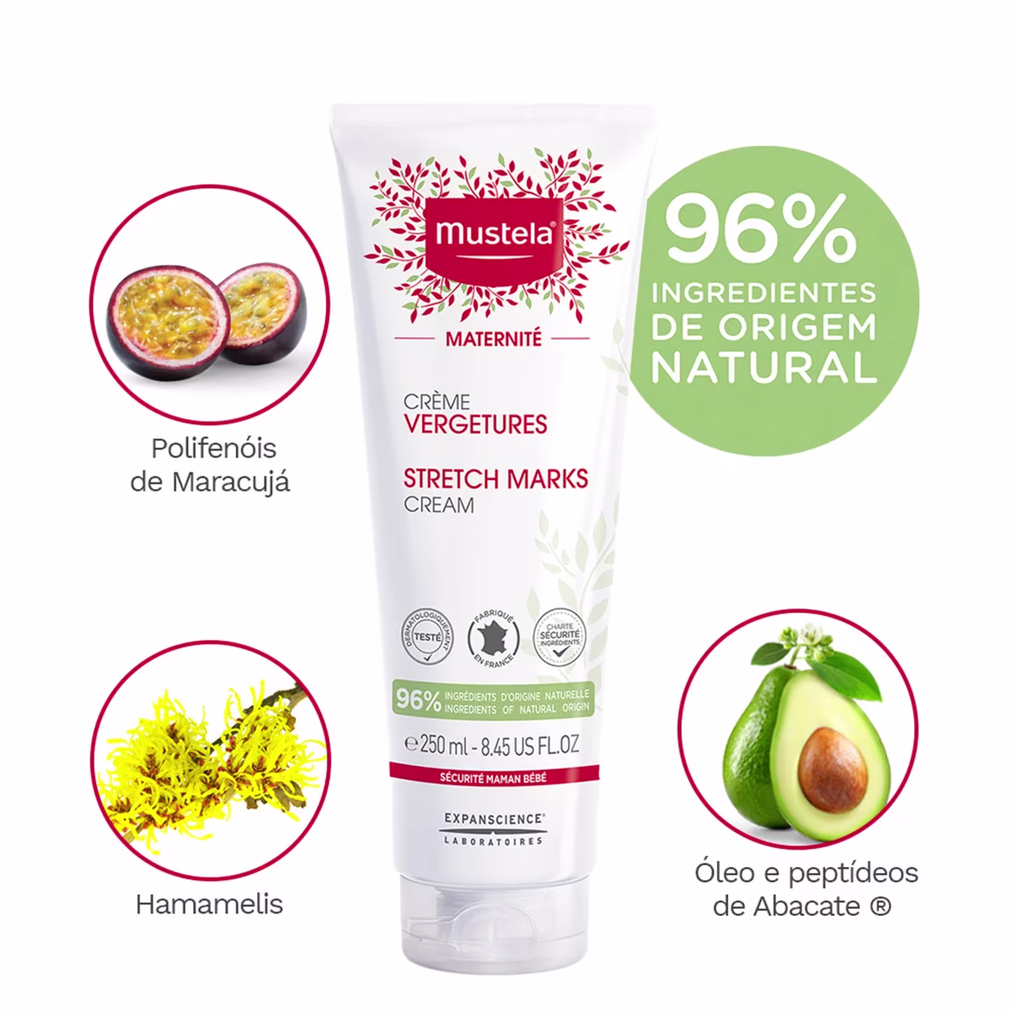 Imagem do produto no centro rodeado de fotos dos ingredientes da fórmula. São eles: polifenóis de maracujá, hamamelis, peptídeos de abacate.