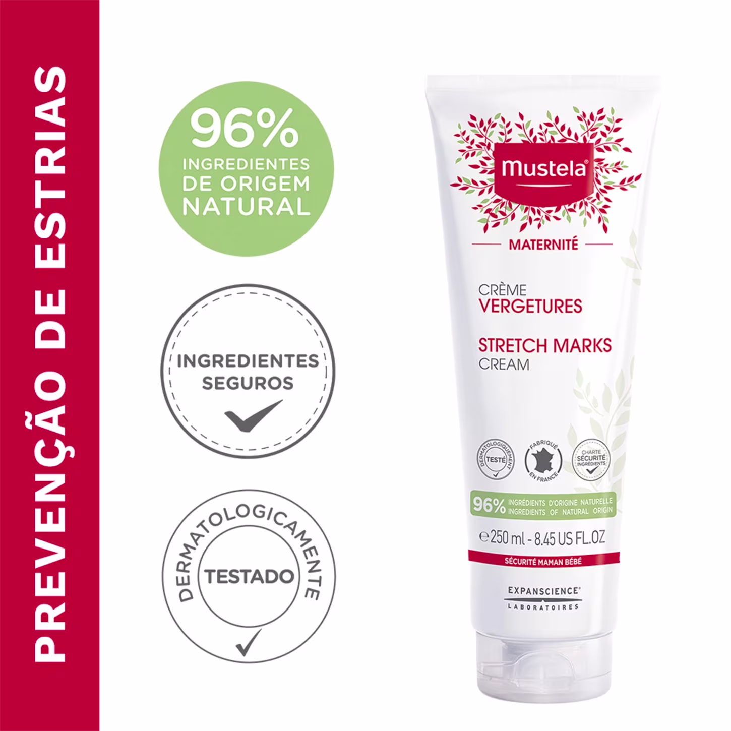 Texto indica: "prevenção de estrias, 96% de ingredientes naturais e seguros, dermatologicamente testado."