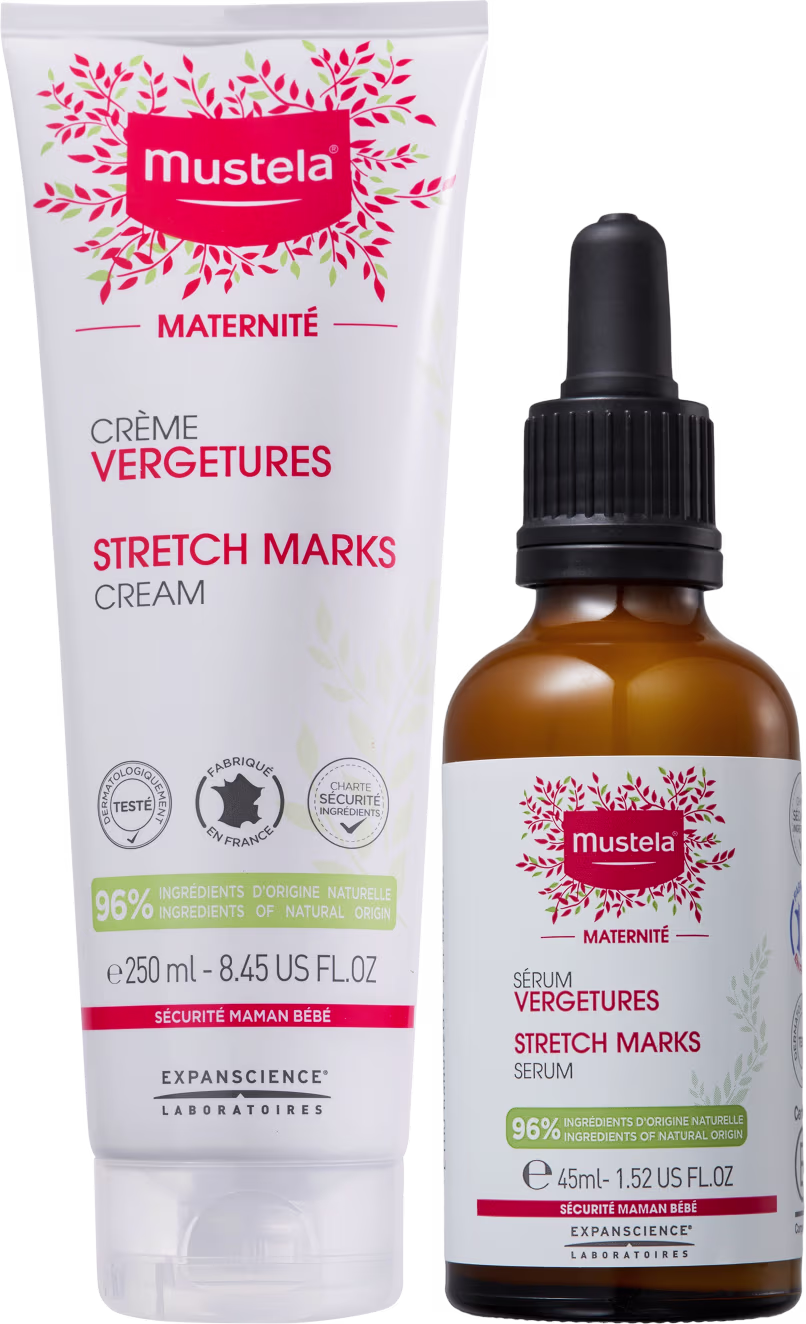 Creme para estrias em embalagem em formato de bisnaga, branca com detalhes em rosa. Sérum em embalagem conta-gotas na cor âmbar com rótulo branco e detalhes rosa.