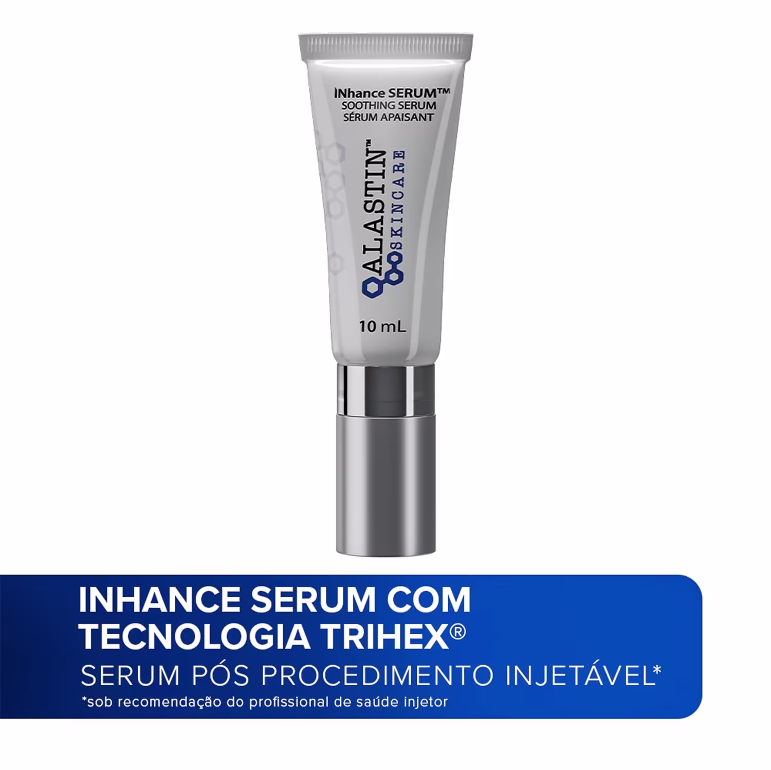 Creme calmante facial Alastin com texto " TECNOLOGIA TRIHEX -  serum pós procedimento injetável" em letras brancas.