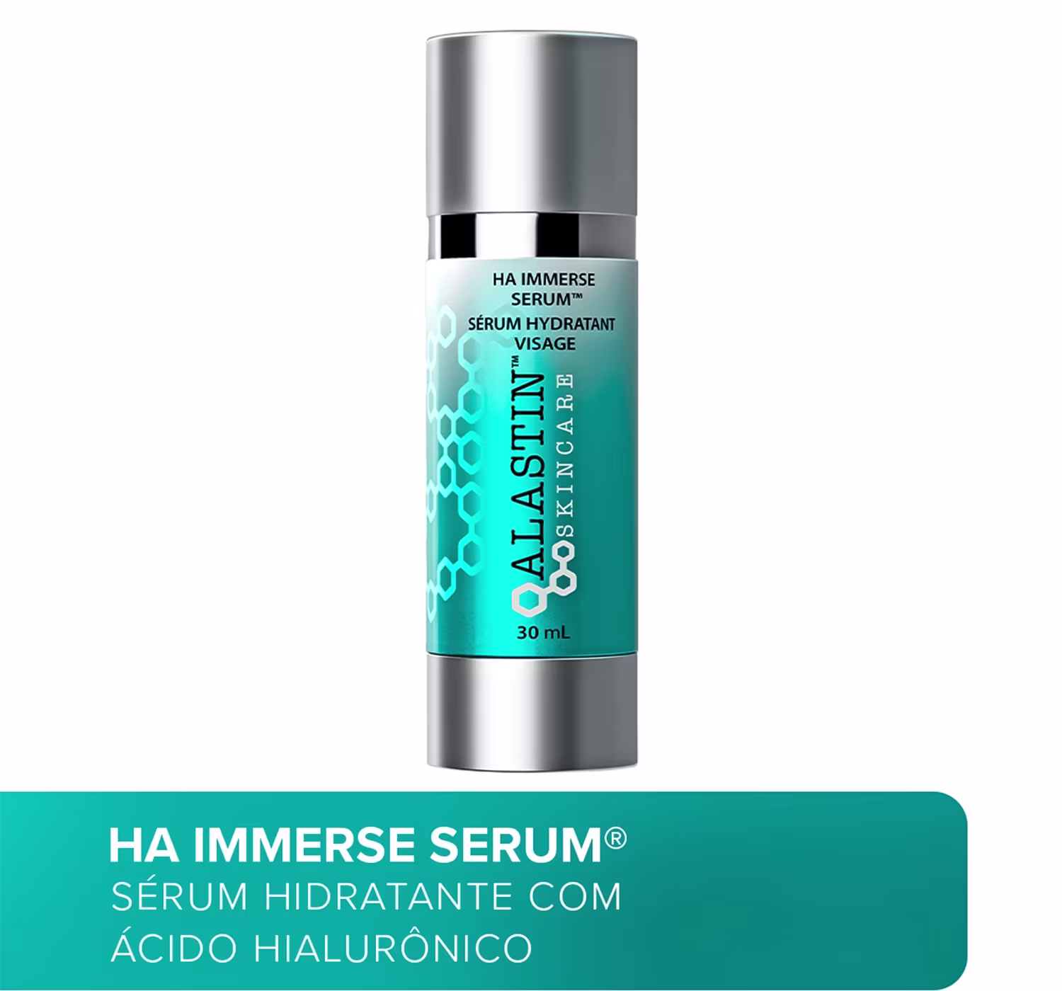 Serum hidratante facial da marca Alastin, com texto informando possuir Ácido Hialurônico na fórmula.