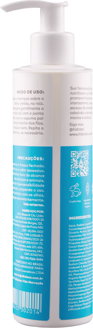 Shampoo em embalagem plástica branca com bomba dosadora. Rótulo azul com o logotipo "H" dentro de uma gota d'água e o nome "Hidratei!" em letras maiúsculas. Descrição do produto como "Shampoo limpa, hidrata, restabelece o equilíbrio ".