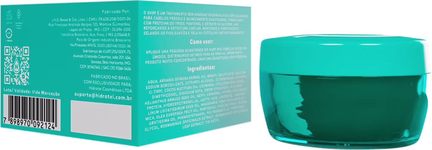 Creme capilar de proteína vegana S.H.R.P. da marca Hidratei. O produto vem em uma embalagem plástica turquesa arredondada com tampa da mesma cor.