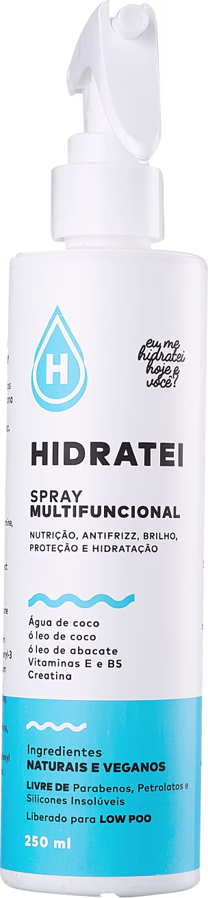 Spray multifuncional Hidratei em frasco plástico branco de 250ml. Rótulo com logotipo de gota d'água azul e texto "Hidratei Spray Multifuncional" em letras brancas e azuis. Descrição dos benefícios: nutrição, antifrizz, brilho, proteção e hidratação.