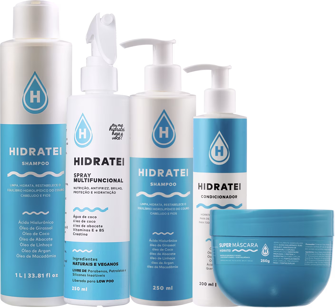 A imagem mostra uma linha de produtos de cuidados capilares chamada Hidratei. Há frascos e embalagens de plástico branco e azul claro. Os produtos incluem shampoo, condicionador, spray multifuncional e uma máscara capilar.