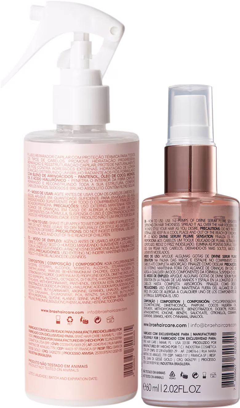 Dois produtos de cuidados capilares da marca Braé. Um é um spray reparador capilar chamado "Essential". O outro é um sérum de tratamento chamado "Divine Plume Sensation", em um frasco com líquido rosado e rótulo branco com texto em letras marrons.