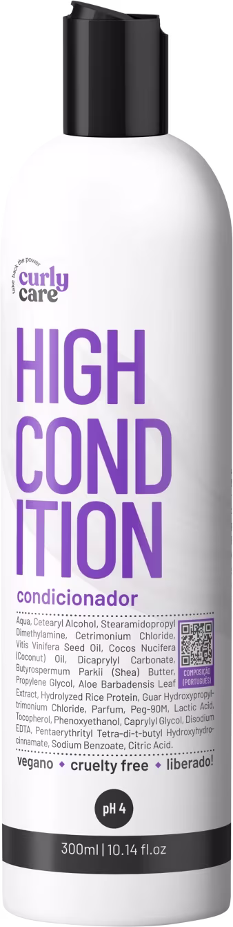 Condicionador High Condition da marca Curly Care. Embalagem plástica branca opaca com tampa preta. Rótulo frontal com o nome do produto em letras grandes na cor roxa.