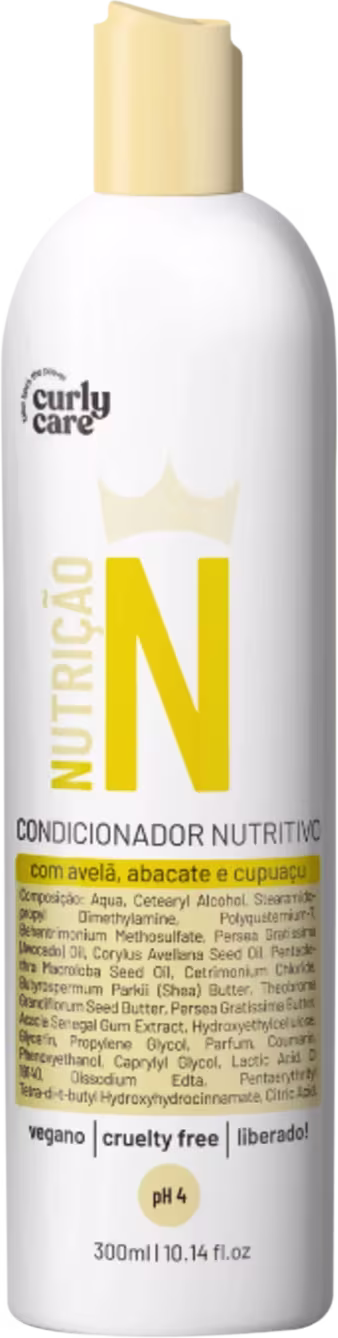 Condicionador nutritivo Curly Care N em embalagem plástica branca de 300ml. A embalagem tem detalhes em amarelo e uma coroa estilizada.