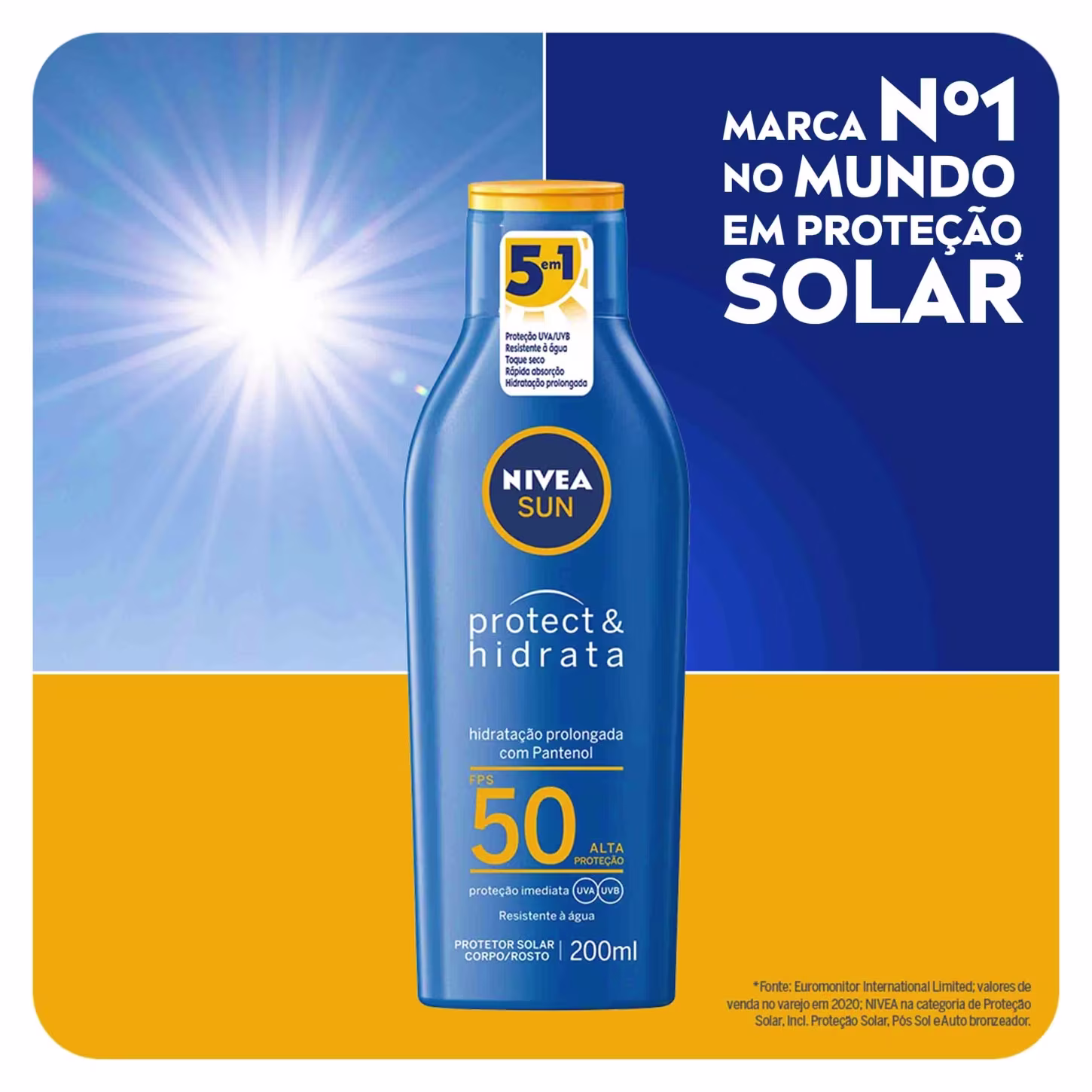 A imagem mostra a embalagem do protetor solar em frasco plástico azul com tampa amarela. Cores predominantes azul, amarelo e branco.