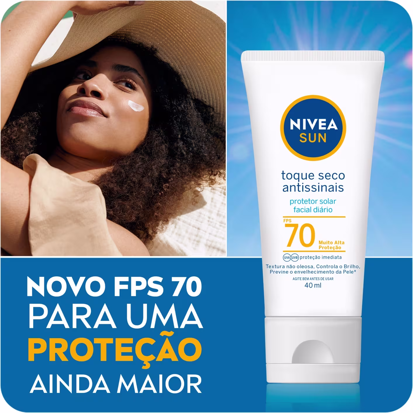 A imagem mostra protetor solar facial em tubo branco. Ao lado uma mulher negra usando um chapéu bege, aplicando protetor solar no rosto.