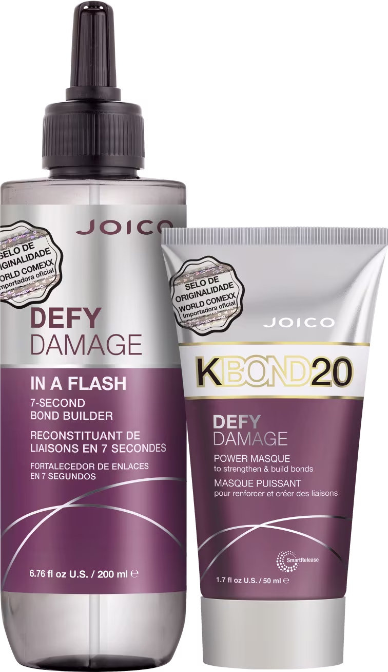 Kit com máscara capilar e máscara líquida da linha Defy Damage da marca Joico.
