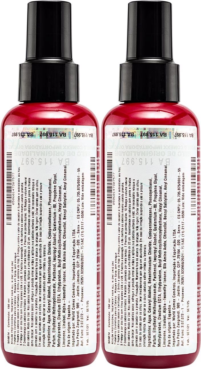 São dois frascos de plástico vermelho e preto contendo um produto líquido de beleza. Os frascos têm um formato cilíndrico alongado com uma tampa preta na parte superior.